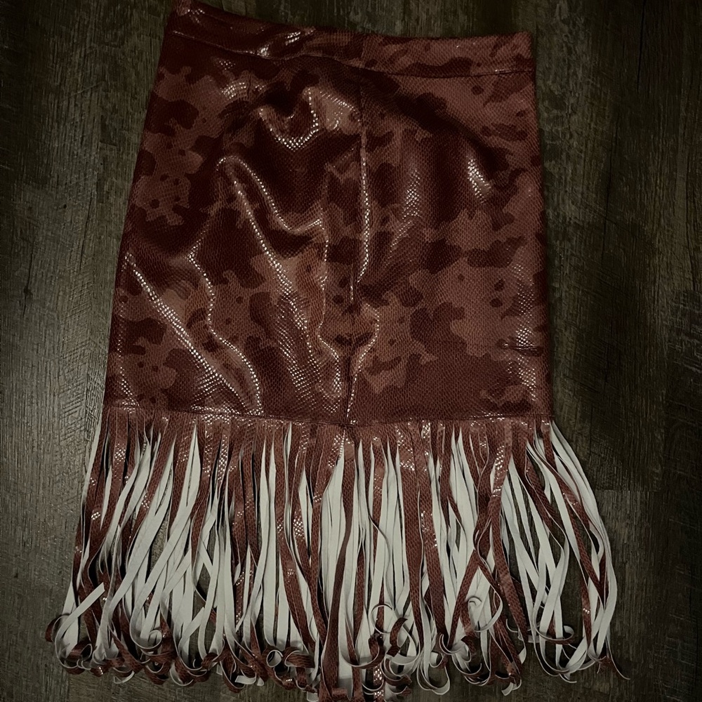 Fringed Faux Leather Skirt with snake print